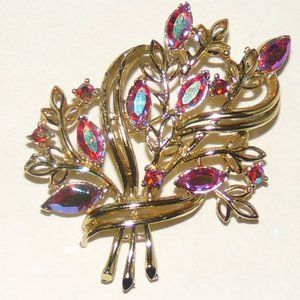 SOLD Vtg CORO Goldtone 2.5” Red Pink Marquise Aurora Borealis Rhinestone Brooch